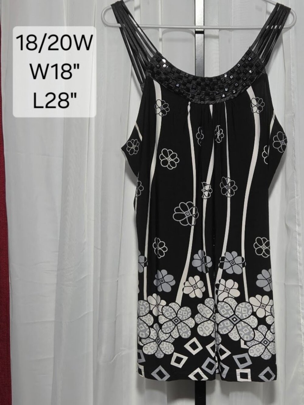 Fashion Bug Black White Beaded Floral Plus Size Tank Top 18/20W Made in USA